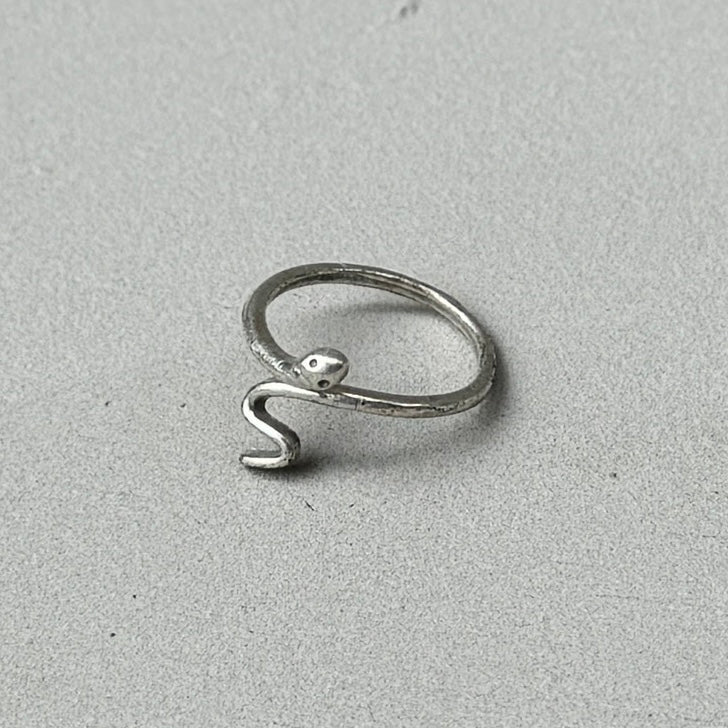 photo of a silver ring with a minimalist snake design