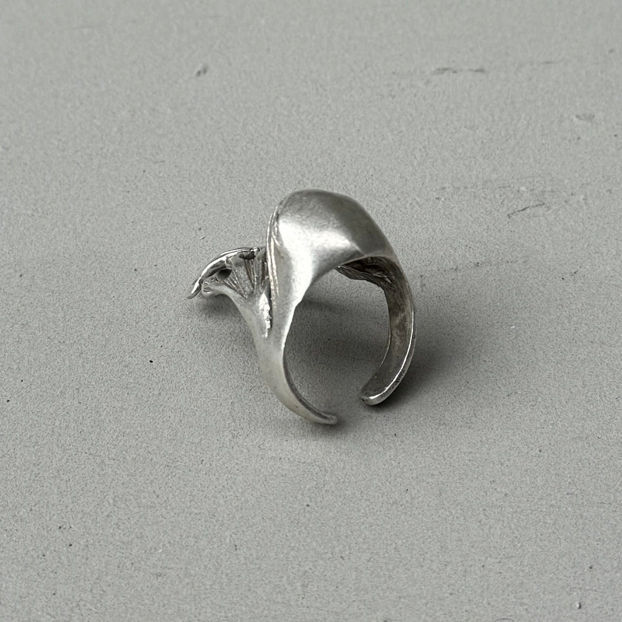 the back of a large frog silver ring with antique oxidised silver finish