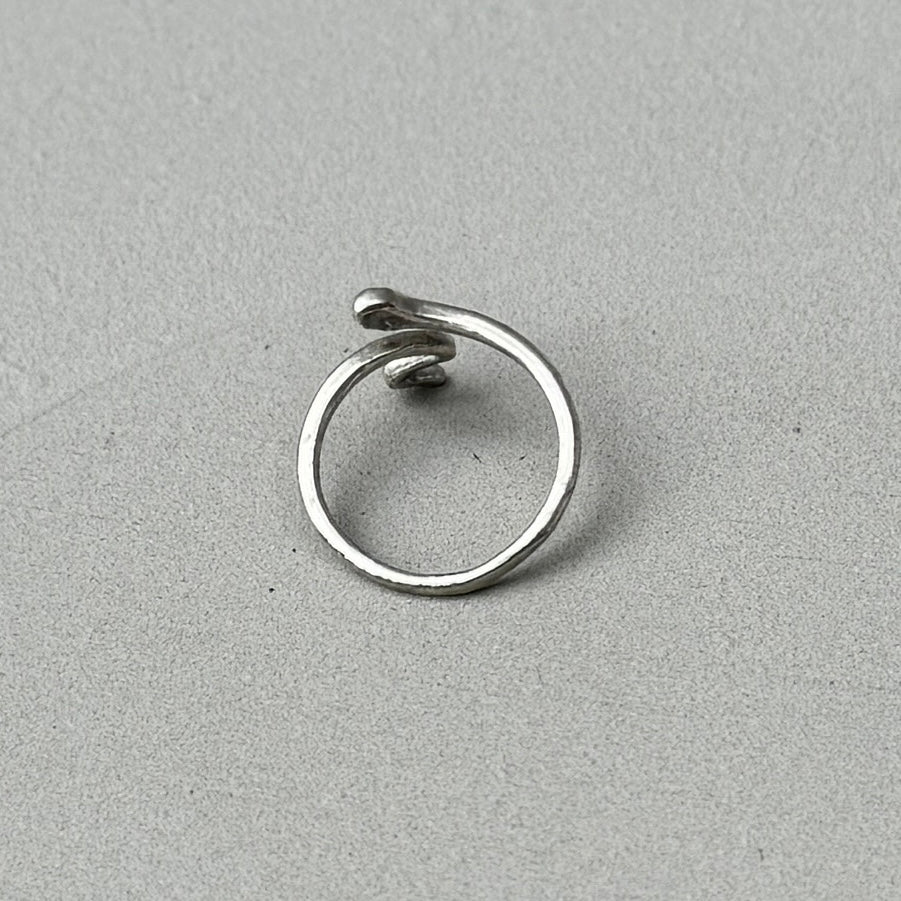 photo of the back of a silver ring with a minimalist snake design